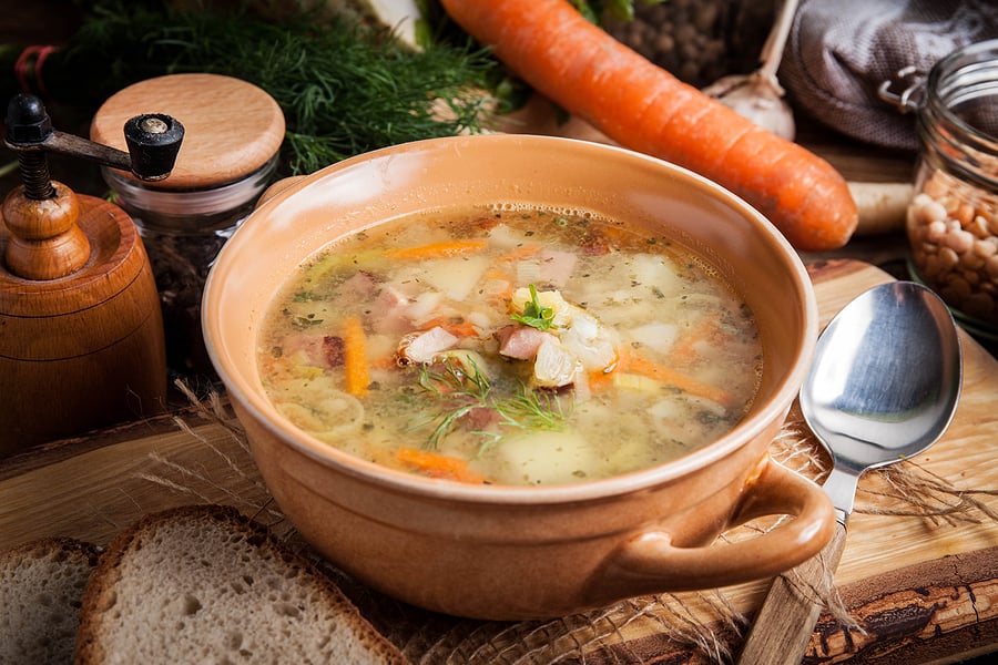 bigstock-Pea-Soup-With-Vegetables-And-B-476860977
