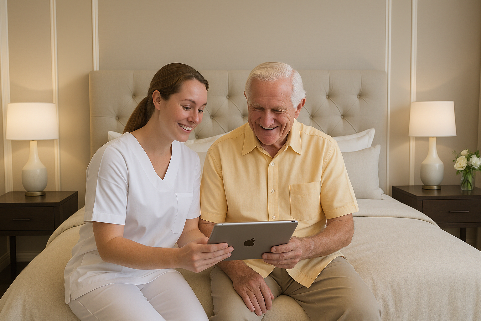 MPC-GardenView-AI Generated-Caregiver and Male Resident Looking at Screen