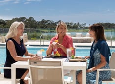 Three Ladies Enjoy Food and Drinks by the Pool (1)