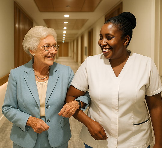 MPC-GardenView-AI Generated-Resident Walking with Caregiver In Hallway 1